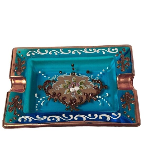 Italian Glass Ashtray Ornate Blue Gold Floral Made in Italy Vintage - Picture 1 of 11